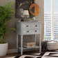 TREXM Narrow Console Desk, Thin Sofa Table with 3 Storage Drawers and Bottom Shelf, Grey Washed Finish