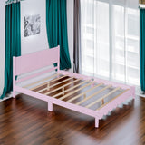 Full Size Wood Platform Bed Frame, Retro Style Bed with Rectangular Headboard,No Need Box Spring,Pink