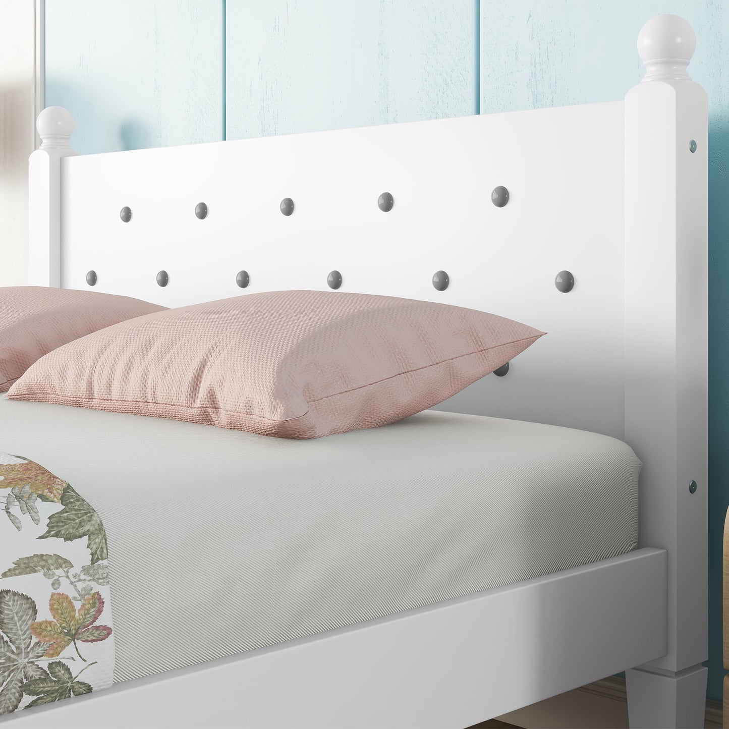 Twin Bed with Button-Decoration Headboard, with Bed Slats,White