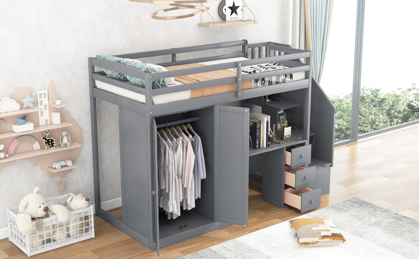 Twin Size Loft Bed with Wardrobe and Staircase  Desk and Storage Drawers and Cabinet in 1 Gray