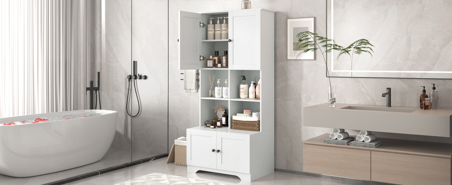 Bathroom storage cabinet, 4-door independent cabinet, adjustable shelf, open multi-layer shelf, white