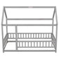 Twin Size Floor Wooden Bed with House Roof Frame, Fence Guardrails,Grey