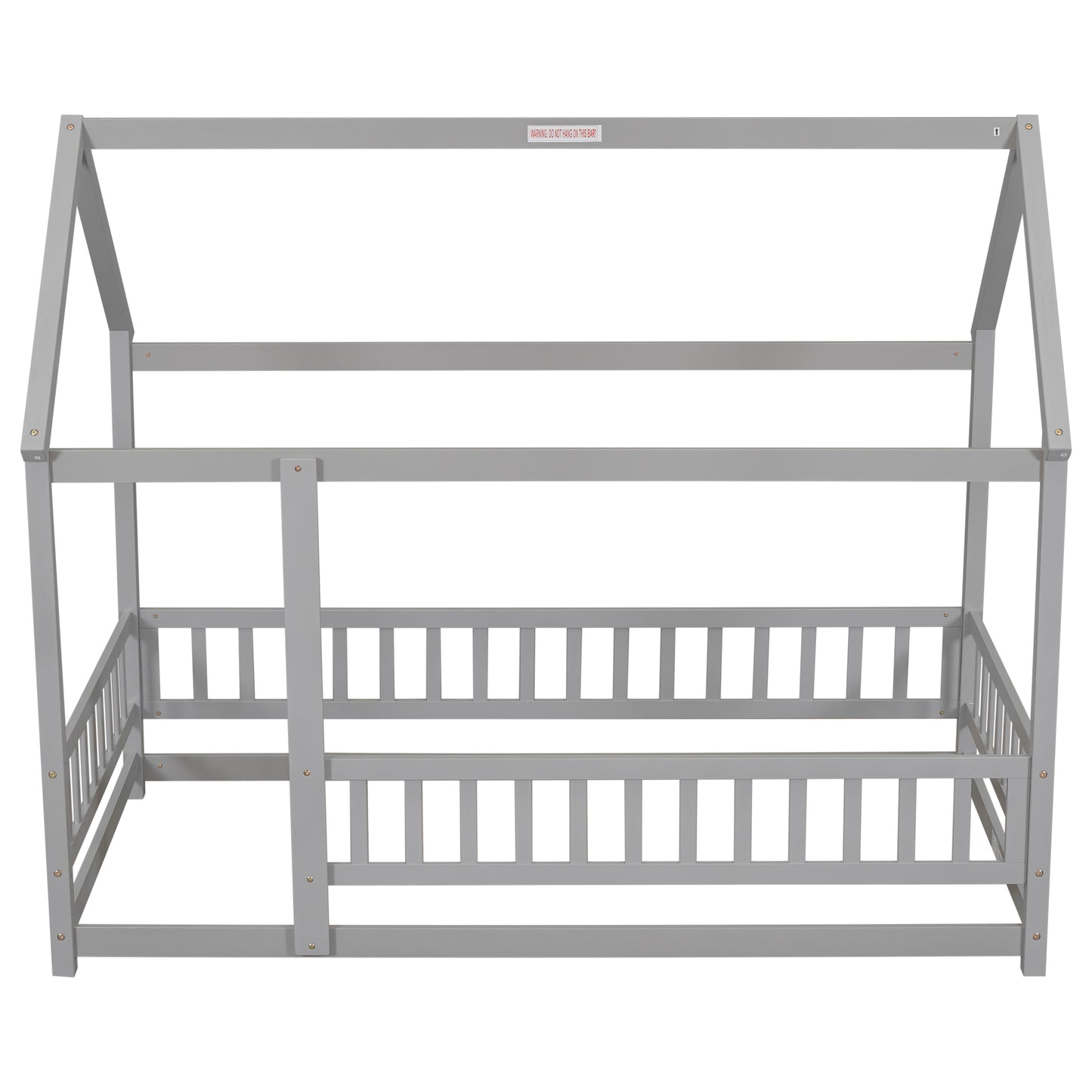 Twin Size Floor Wooden Bed with House Roof Frame, Fence Guardrails,Grey