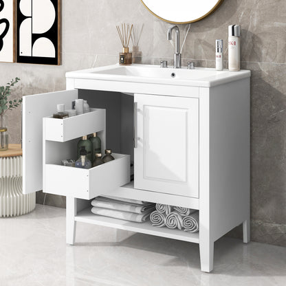 Bathroom Vanity with Sink Multi-functional Bathroom Cabinet with Doors and Drawers Solid Frame and MDF Board, White