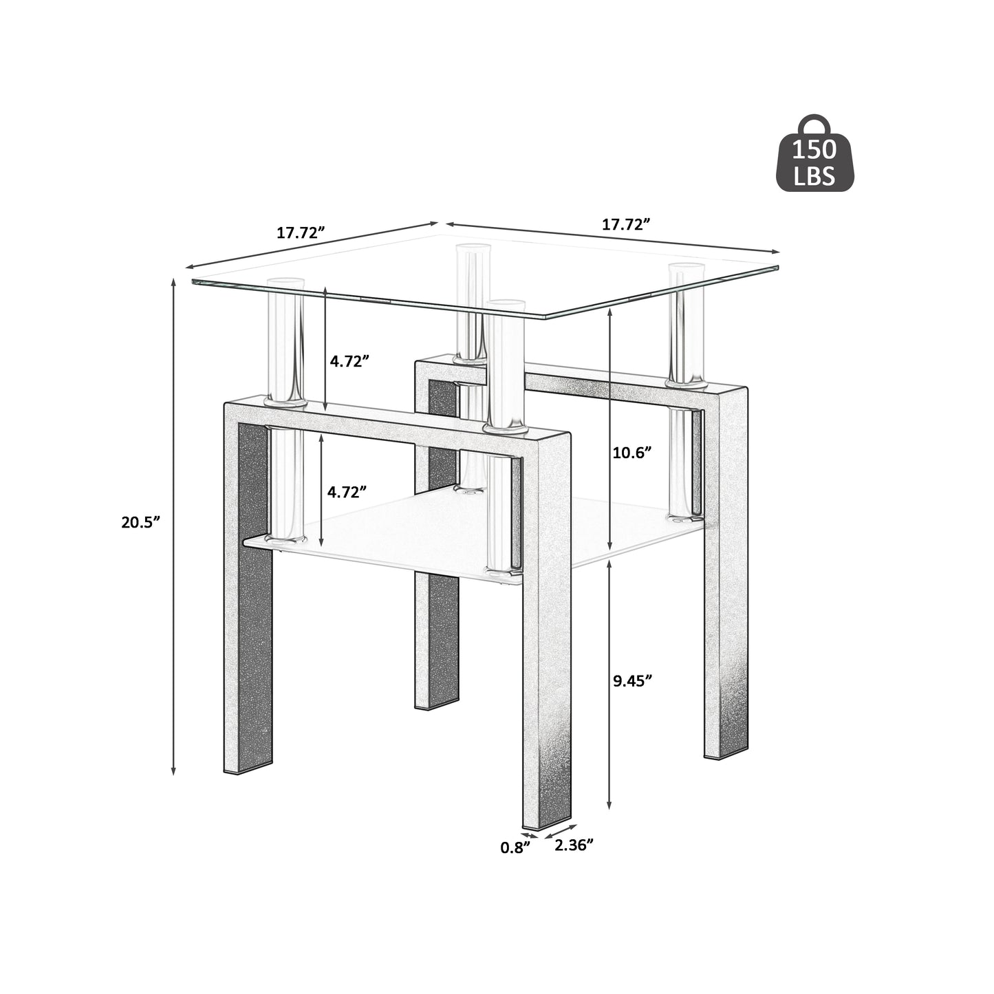 1-Piece Modern Tempered Glass Tea Table, Square Design for Living Rooms, Transparent/Black Finish