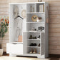 Multi-functional Hall Tree with Storage Shelves Drawers Cabinet Elegant Hallway Shoe Cabinet with Bench Modern Coat Rack White