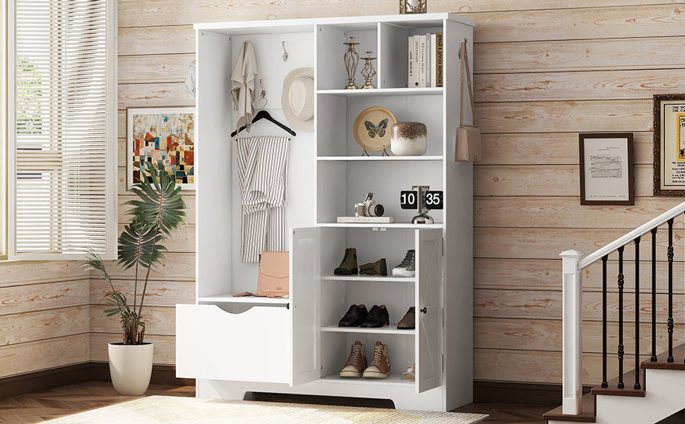 Multi-functional Hall Tree with Storage Shelves Drawers Cabinet Elegant Hallway Shoe Cabinet with Bench Modern Coat Rack White