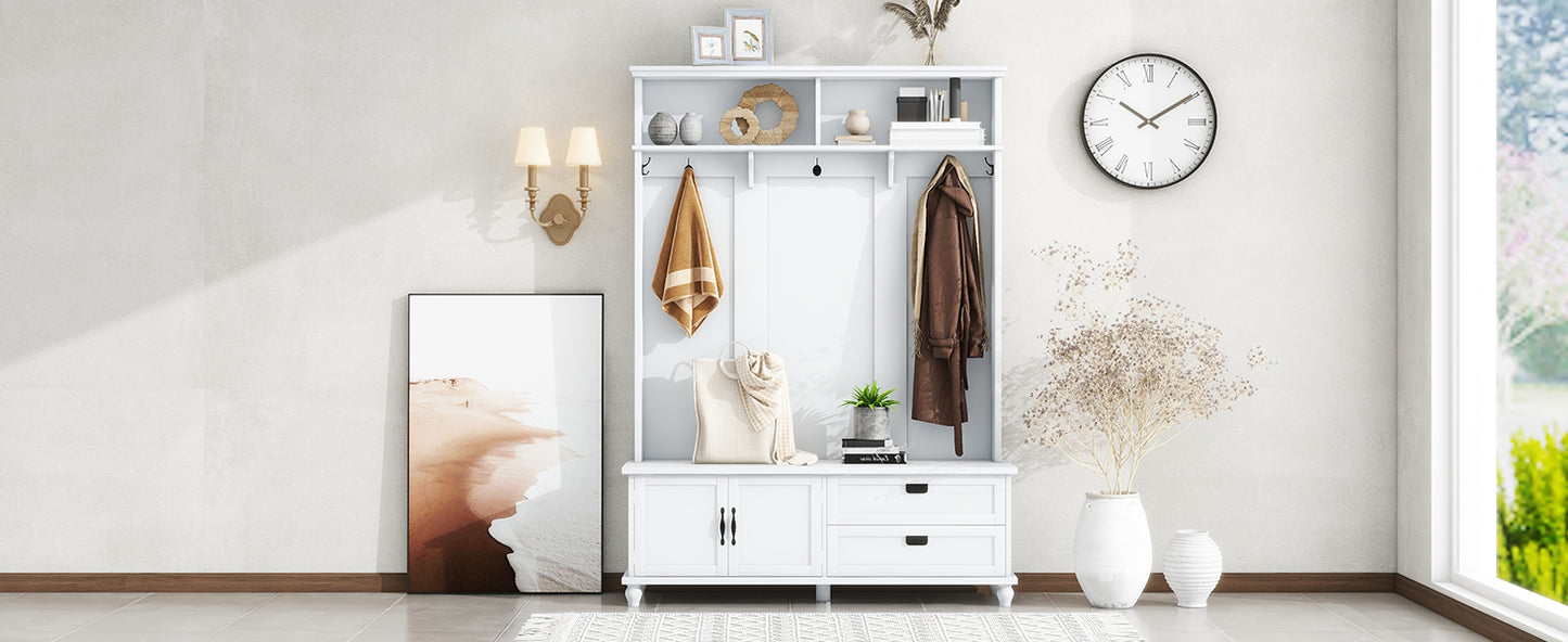 ON-TREND Modern Hall Tree with Storage Cabinet, 2 Large Drawers, and 5 Coat Hooks, White