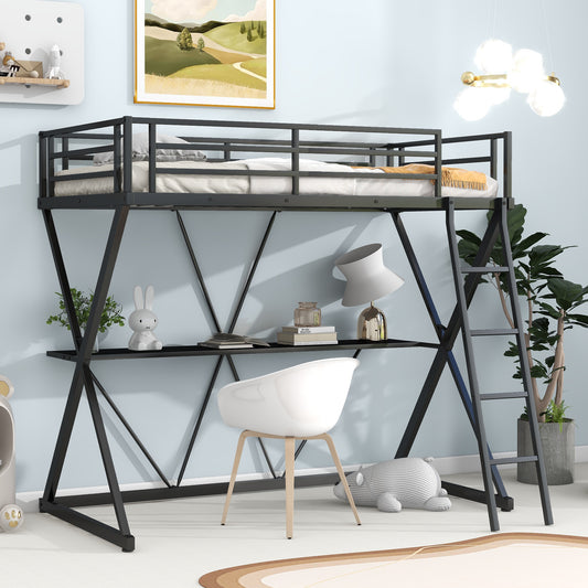 Twin Size Loft Bed with Desk Ladder and Full-Length Guardrails  X-Shaped Frame Black