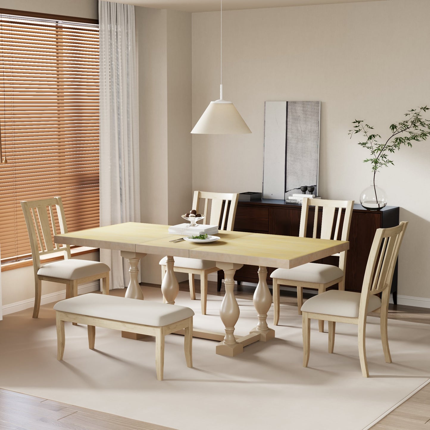 Traditional 6-Piece Trestle Extendable Dining Table Set with Removable Leaf, Padded Chairs, and Bench, Natural Finish