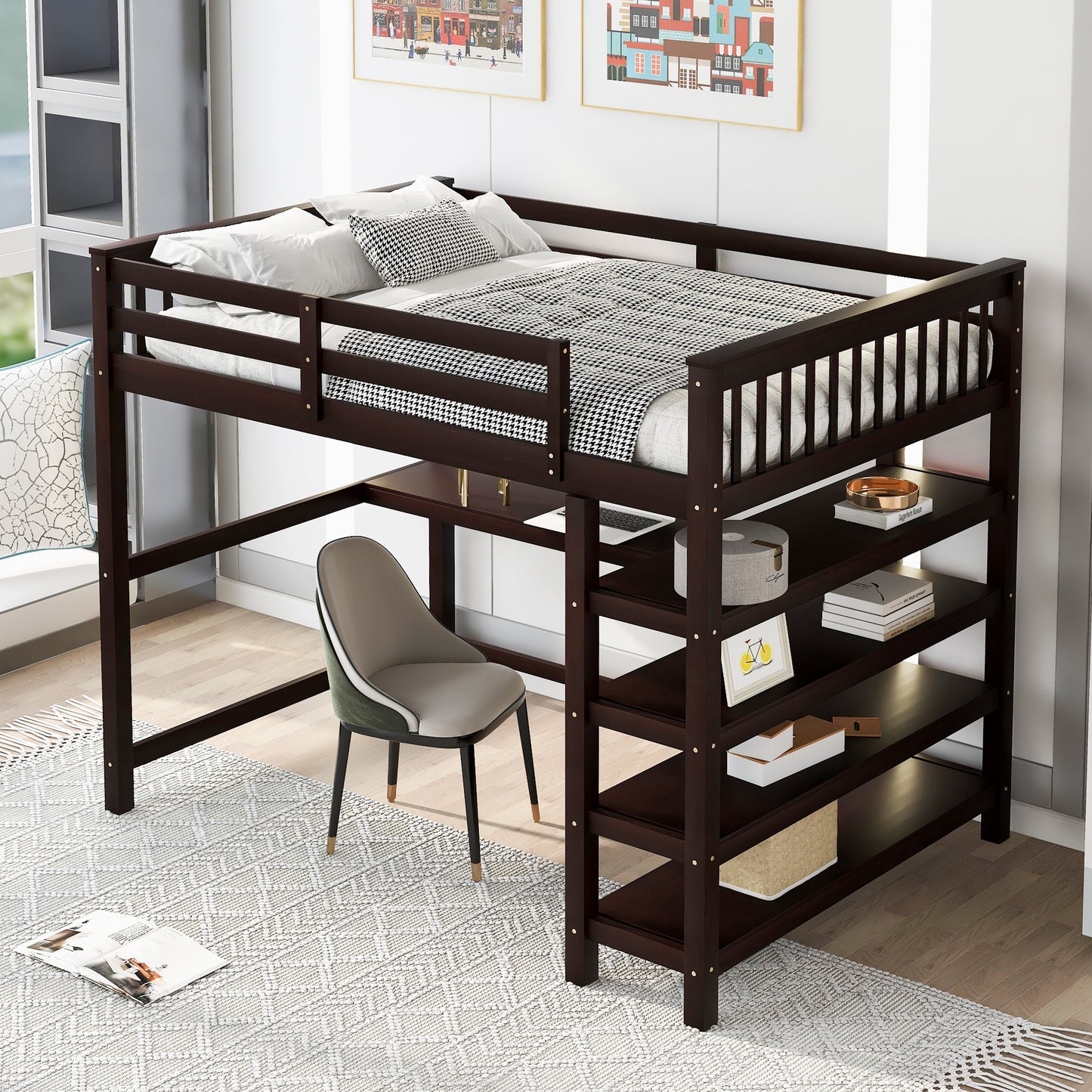 Full Size Loft Bed with Storage Shelves and Under-bed Desk  Espresso