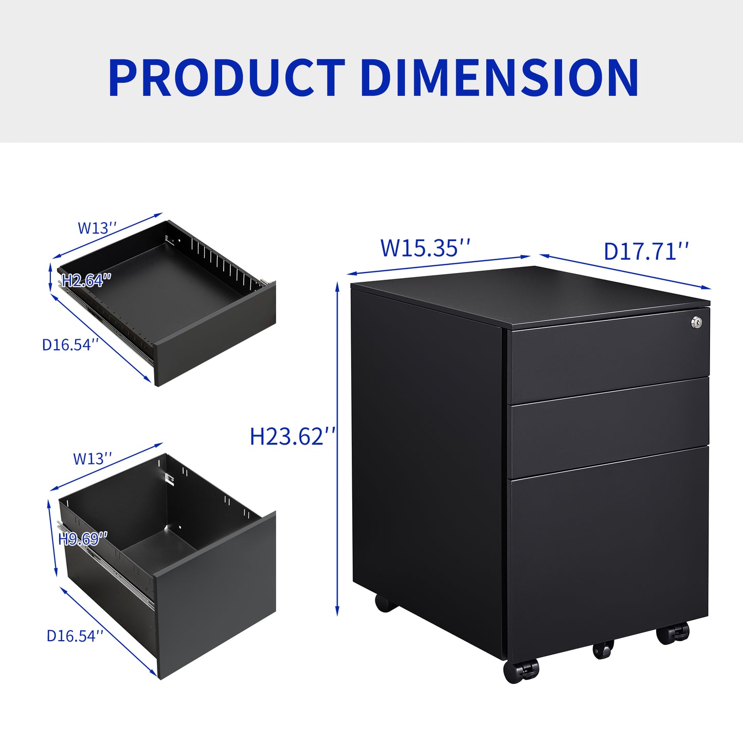 3 Drawer Mobile File Cabinet with Lock Steel File Cabinet for Legal/Letter/A4