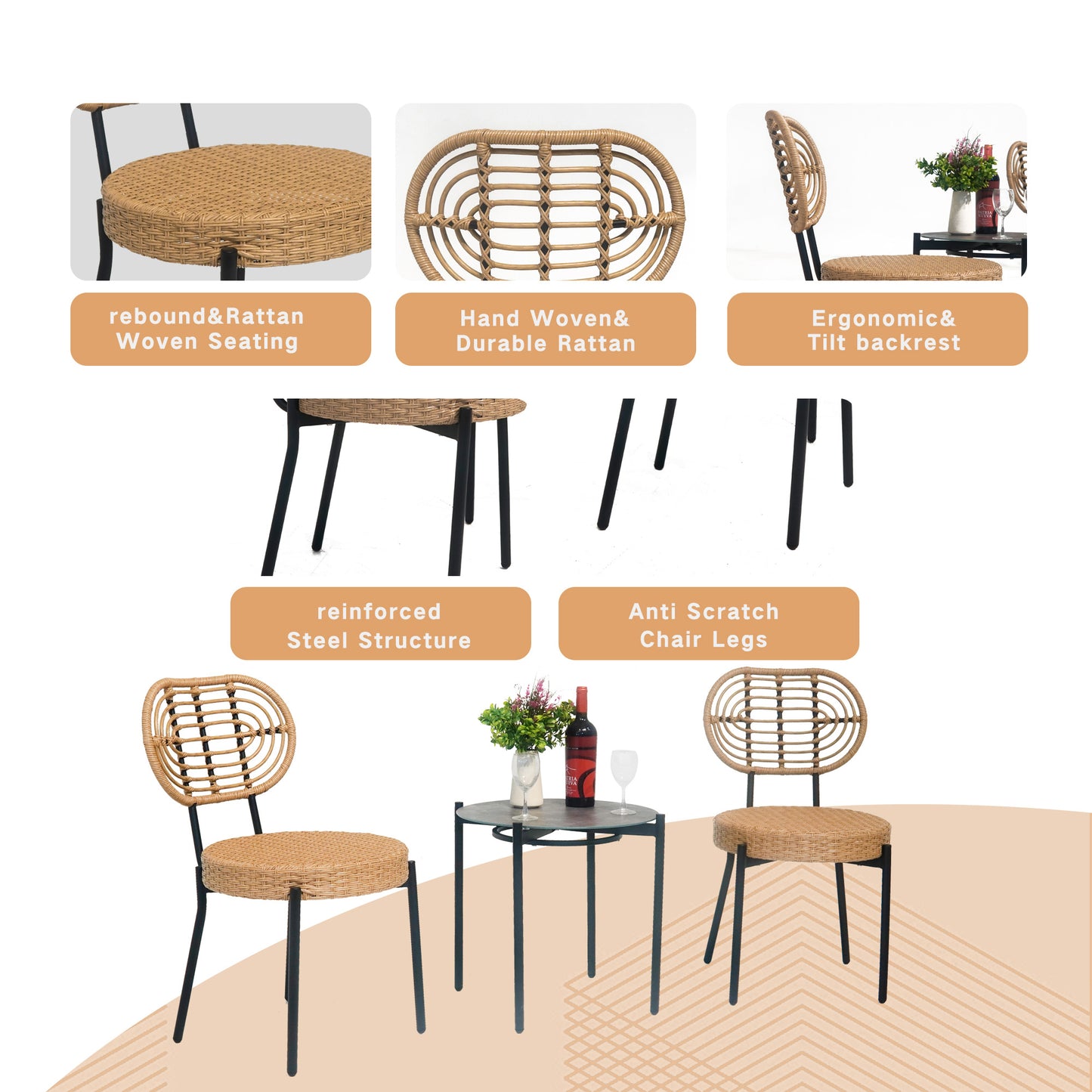 3 Pieces Of Luxury Outdoor Wicker Furniture - Patio Bistro Style Table And Chair Combination