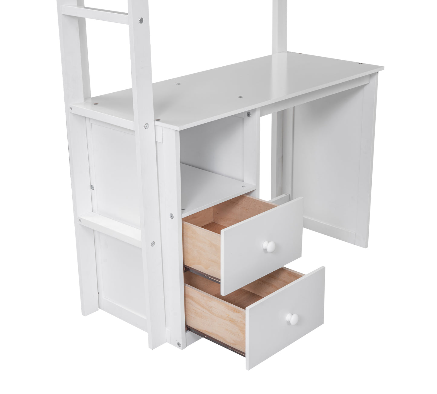 Wood Twin Size Loft Bed with Wardrobes and 2-Drawer Desk with Cabinet  White