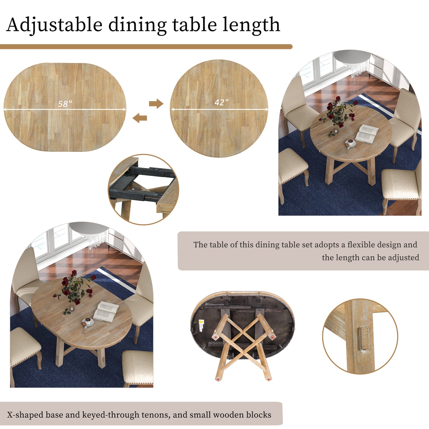 Juego de mesa de comedor estilo granja de 5 piezas TREXM con mesa redonda extensible y 4 sillas tapizadas, acabado en madera natural