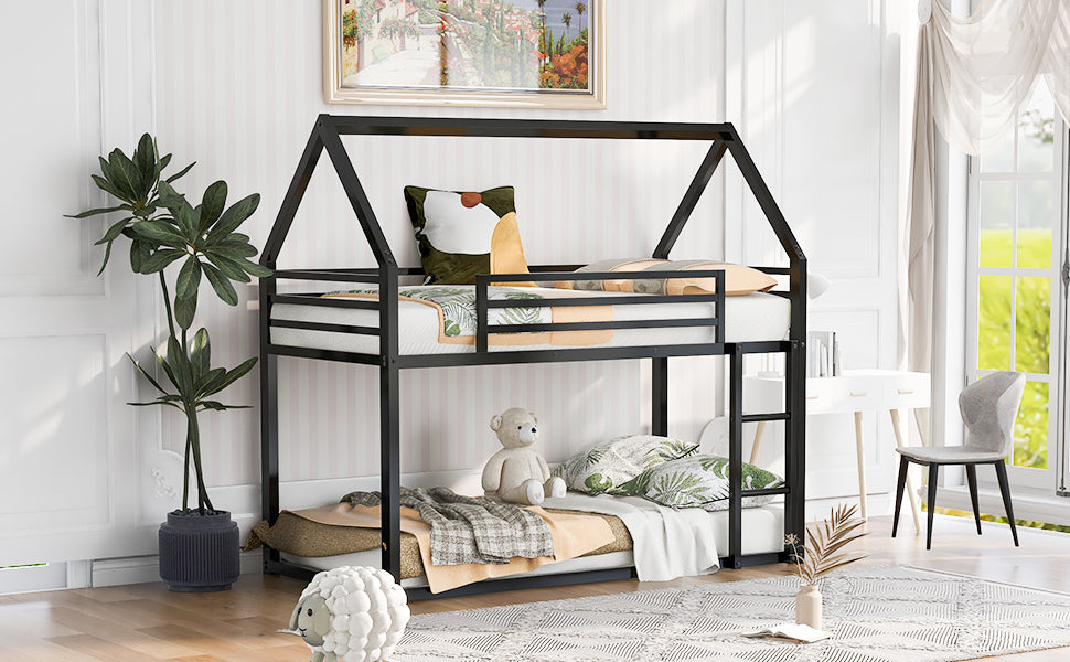 Twin over Twin House Bunk Bed with Built-in Ladder,Black