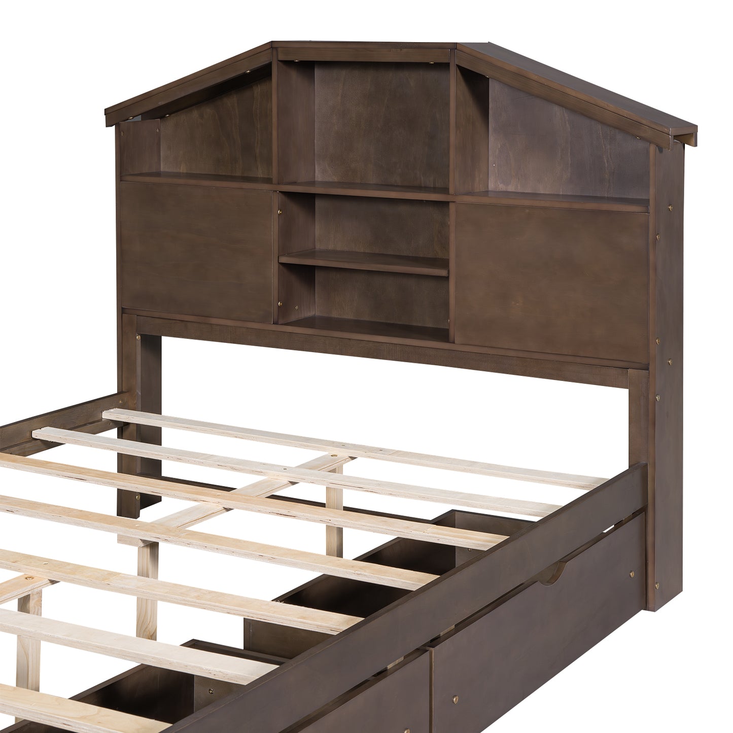 Full Size Wood Platform Bed with House-shaped Storage Headboard and 2 Drawers Walnut