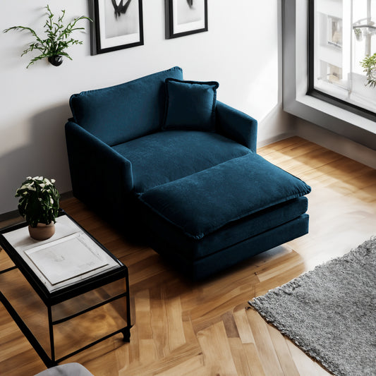 Sillón otomano de estilo moderno con cojines de chenilla, perfecto para salas de estar y dormitorios, color azul