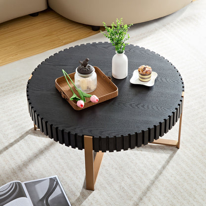 Modern Handcraft Drum Coffee Table 31.5 inch Round Coffee Table for Living Room,Small Coffee Table with Sturdy Pedestal,Black