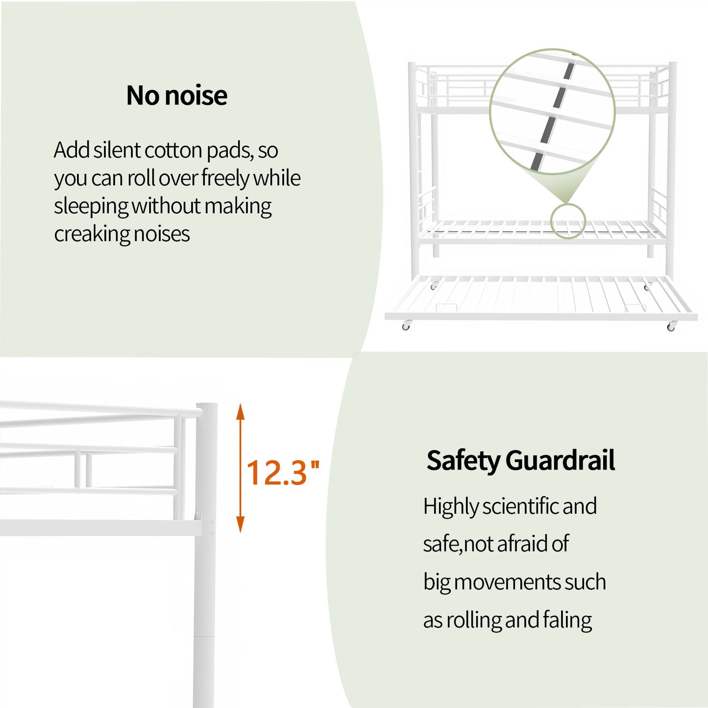 Heavy-duty Sturdy Meta Twin over Twin with Trundle Bunk Bed/l/ Noise Reduced/ Safety Guardrail/No Box Spring Needed,White