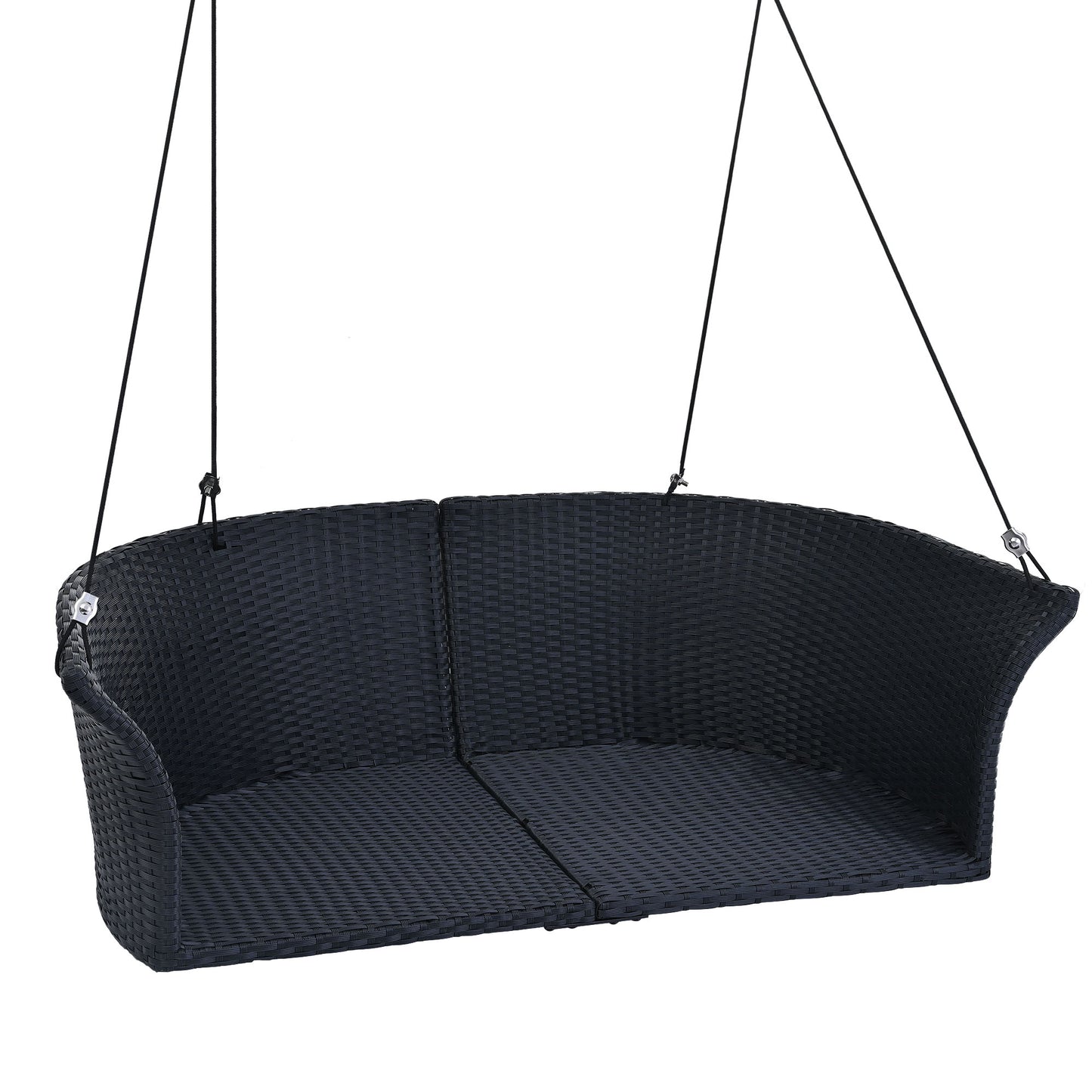 2-Person Hanging Seat, Rattan Woven Swing Chair, Porch Swing With Ropes, Black Wicker And White Cushion