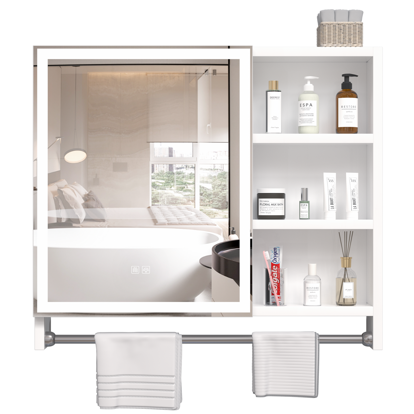 Modern 32x28 Inch Bathroom Storage Cabinet with Mirrors, LED Lights, and Multi-Layer Storage Compartments