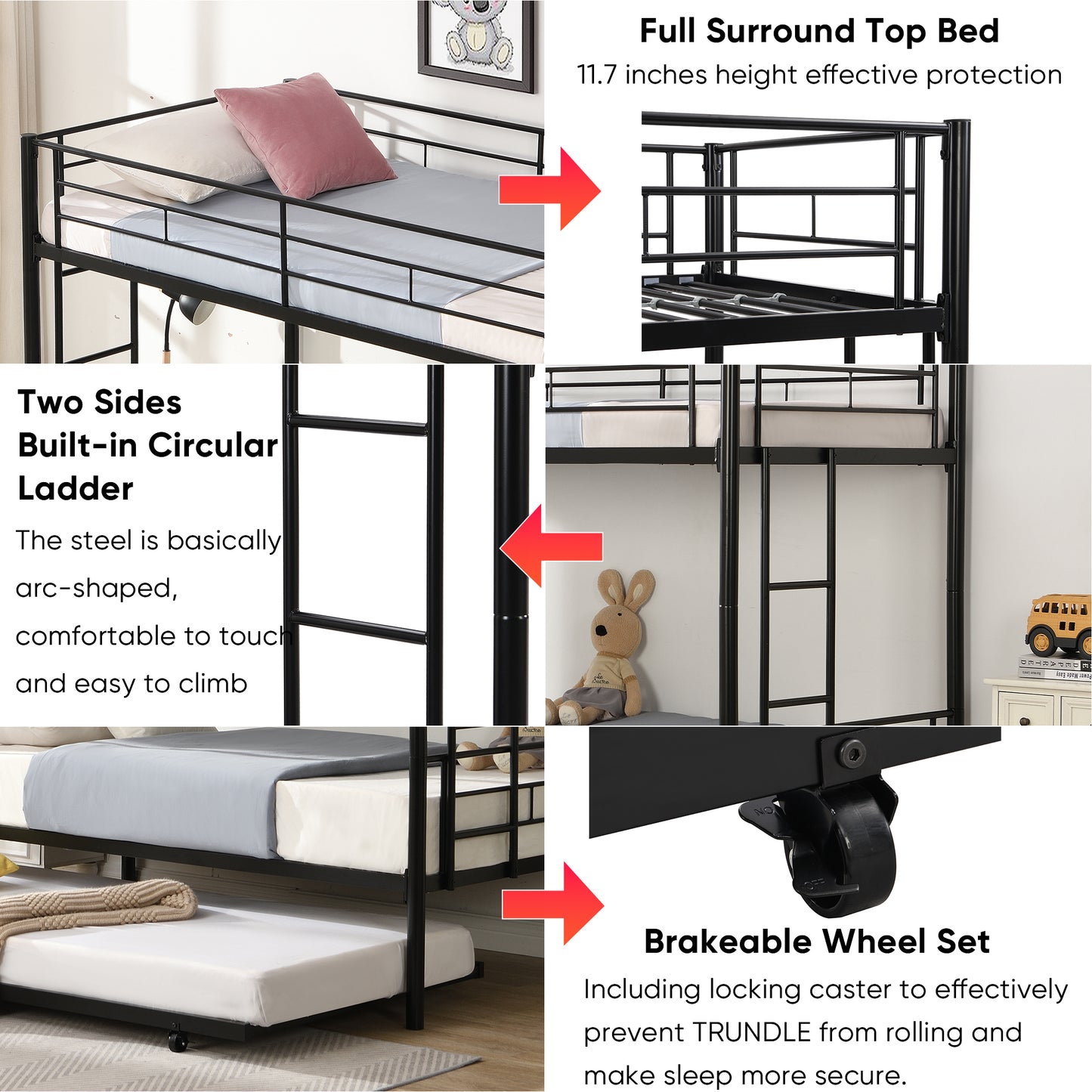 Twin bunk bed frame with trailer, metal bunk bed with sturdy guardrail and side ladder, can be divided into two beds, black