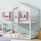 Twin over Twin House Bunk Bed with Roof , Window, Window Box, Door , with Safety Guardrails and Ladder, Pink/White