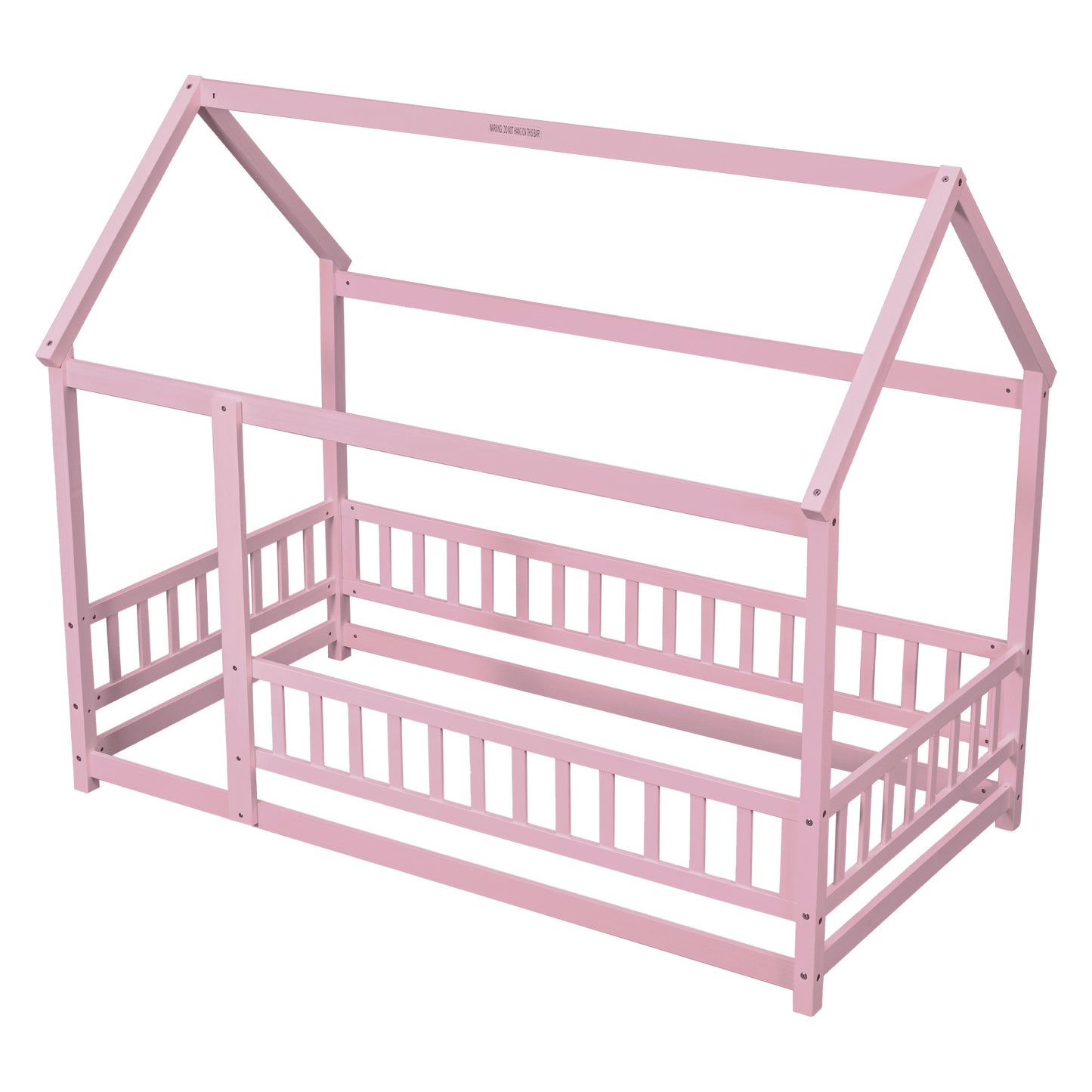 Twin Size Floor Wooden Bed with House Roof Frame, Fence Guardrails,Pink