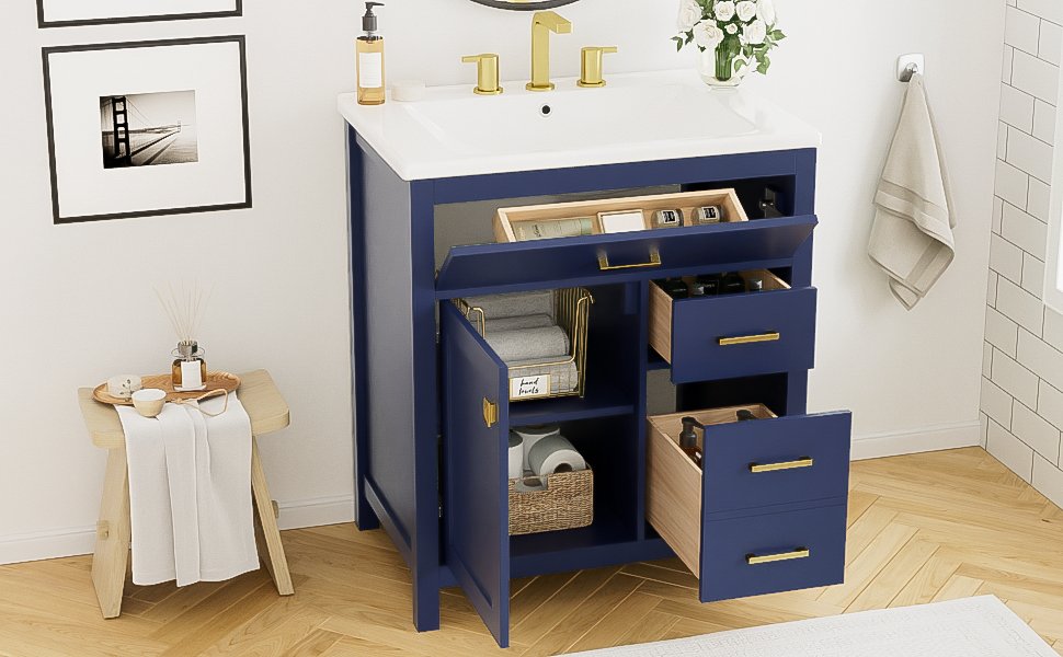 30-Inch Blue Bathroom Vanity with Ceramic Sink and Ample Storage - Ideal Choice for Small Bathrooms