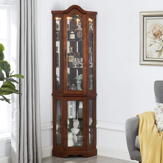 Corner Curio Cabinet with Adjustable Tempered Glass Shelves, Mirror Back Panel, Walnut Wood Finish