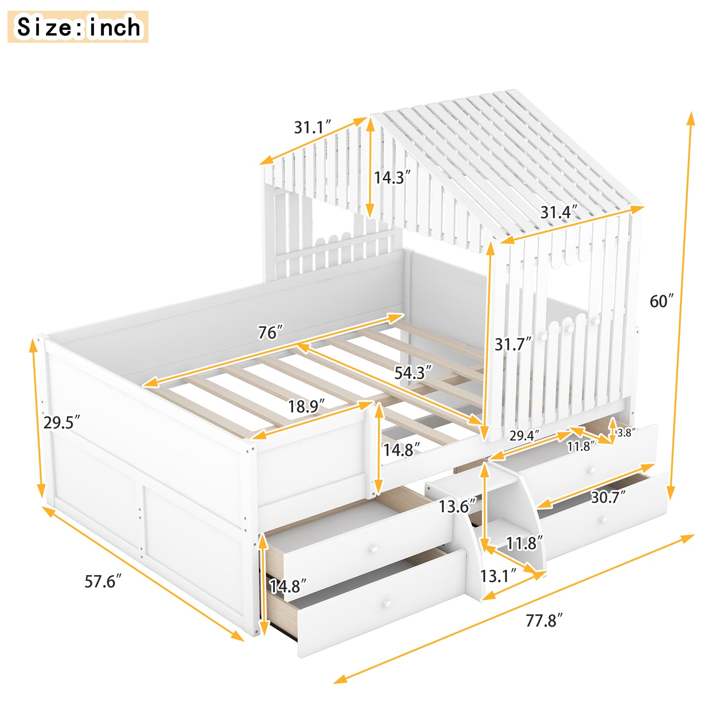 Full Size House Low Loft Bed with Four Drawers,White