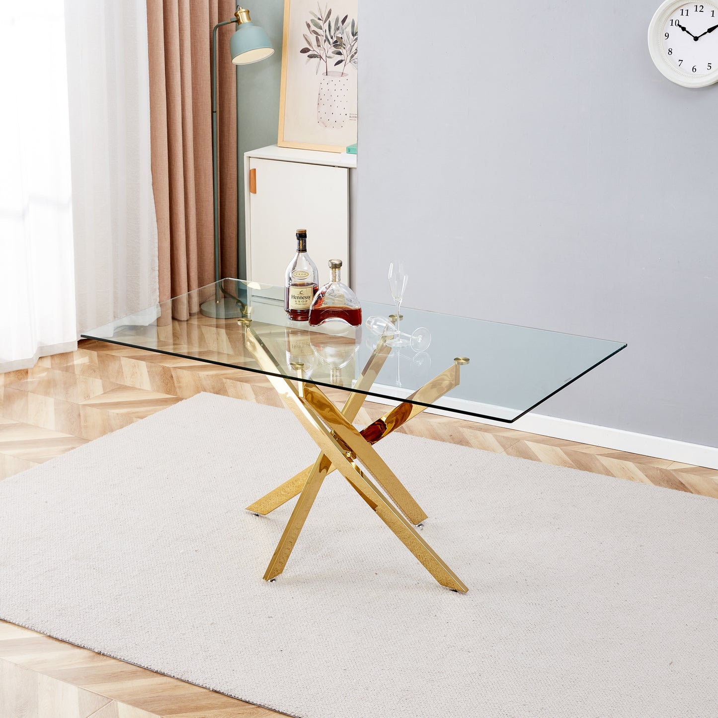 Tempered Clear Glass Dining Table with Golden Legs, 63-Inch Modern Design for Dining Rooms