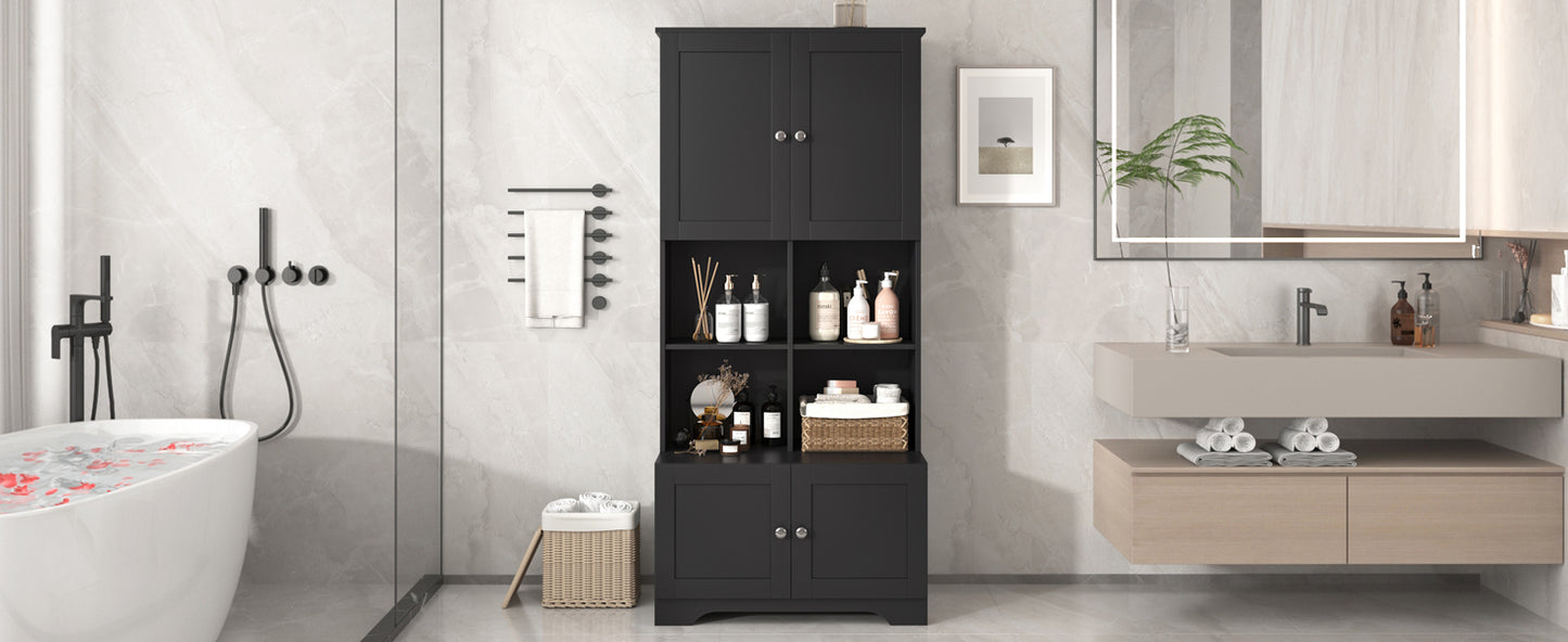 Bathroom storage cabinet, 4-door independent cabinet, adjustable shelf, open multi-layer shelf, black