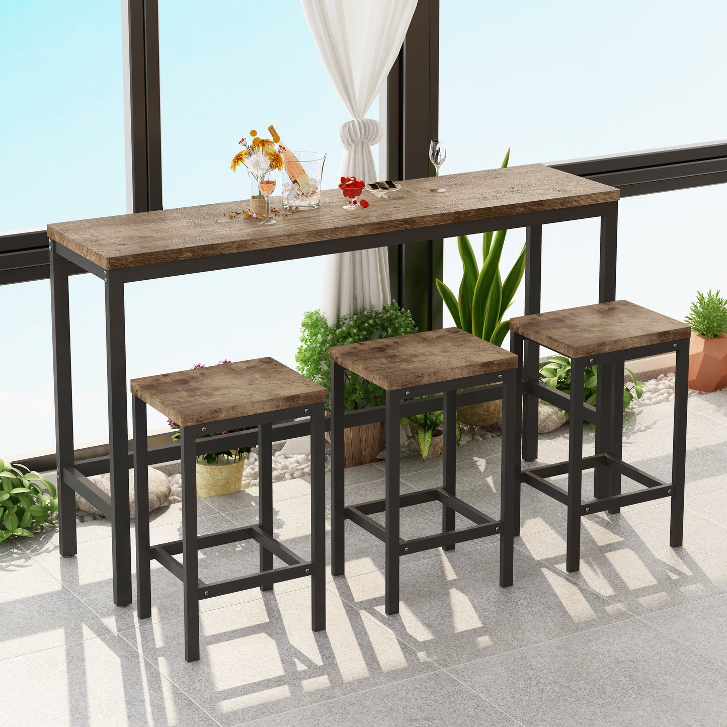 Modern Design Kitchen Dining Table Pub Table Long Dining Table Set with 3 Stools Easy Assembly Natural