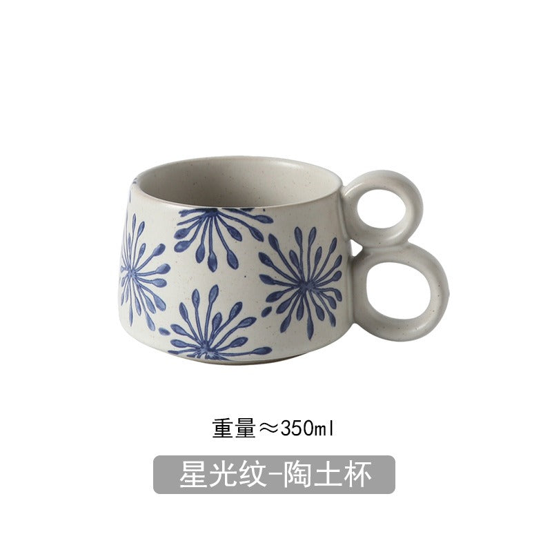 Hand-painted blue and white glazed mugs, retro rough pottery creative household water cups, underglaze colored coffee