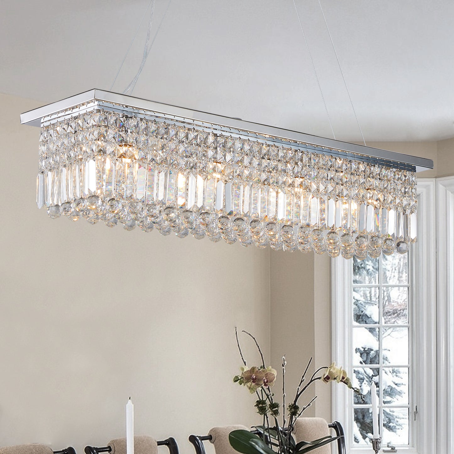 Modern Crystal Chandelier for Dining Room 8-Light White Rectangle Raindrop L39.4'' x W9.8'' x H8.7'(Bulb Not Included)