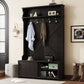 Hall Tree with Roof Rack and Storage Platform, Corridor Shoe Cabinet with Sliding Door and 5 Hooks, Black