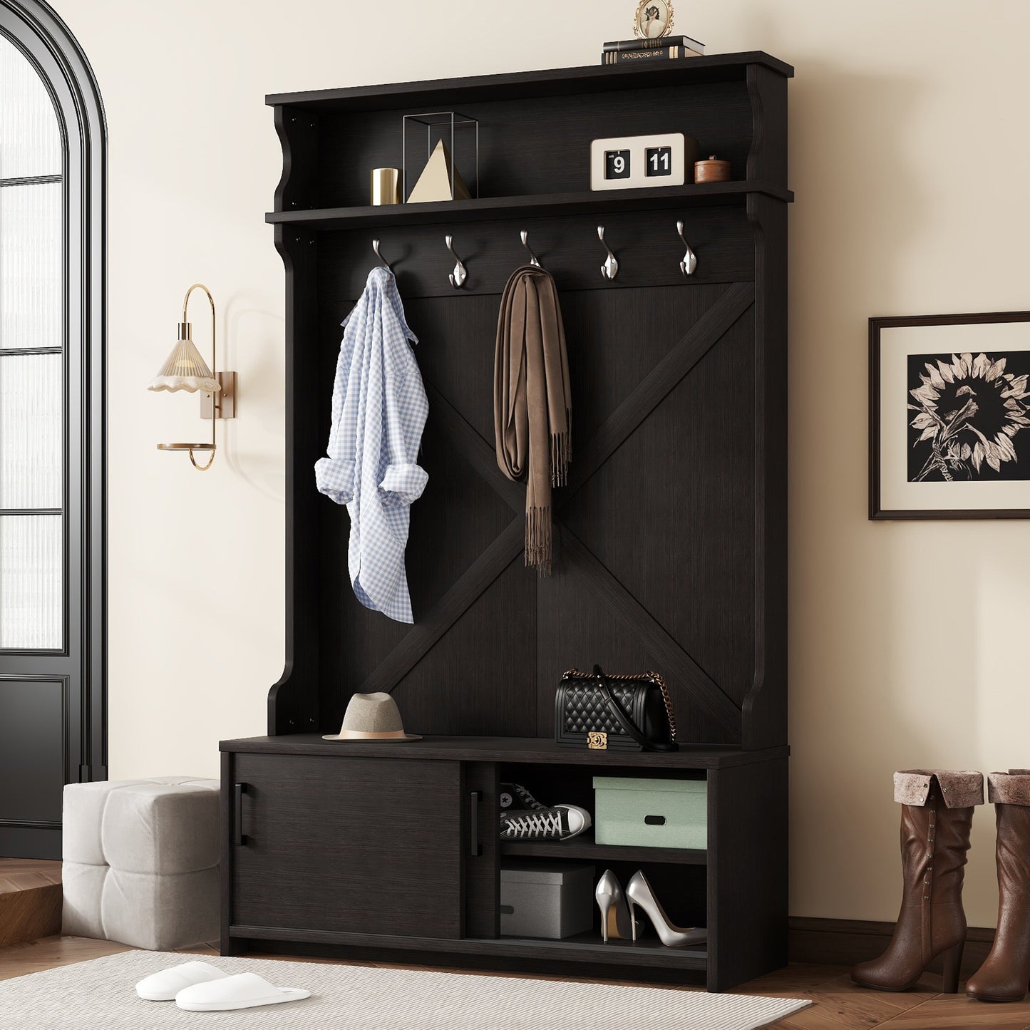 Hall Tree with Roof Rack and Storage Platform, Corridor Shoe Cabinet with Sliding Door and 5 Hooks, Black