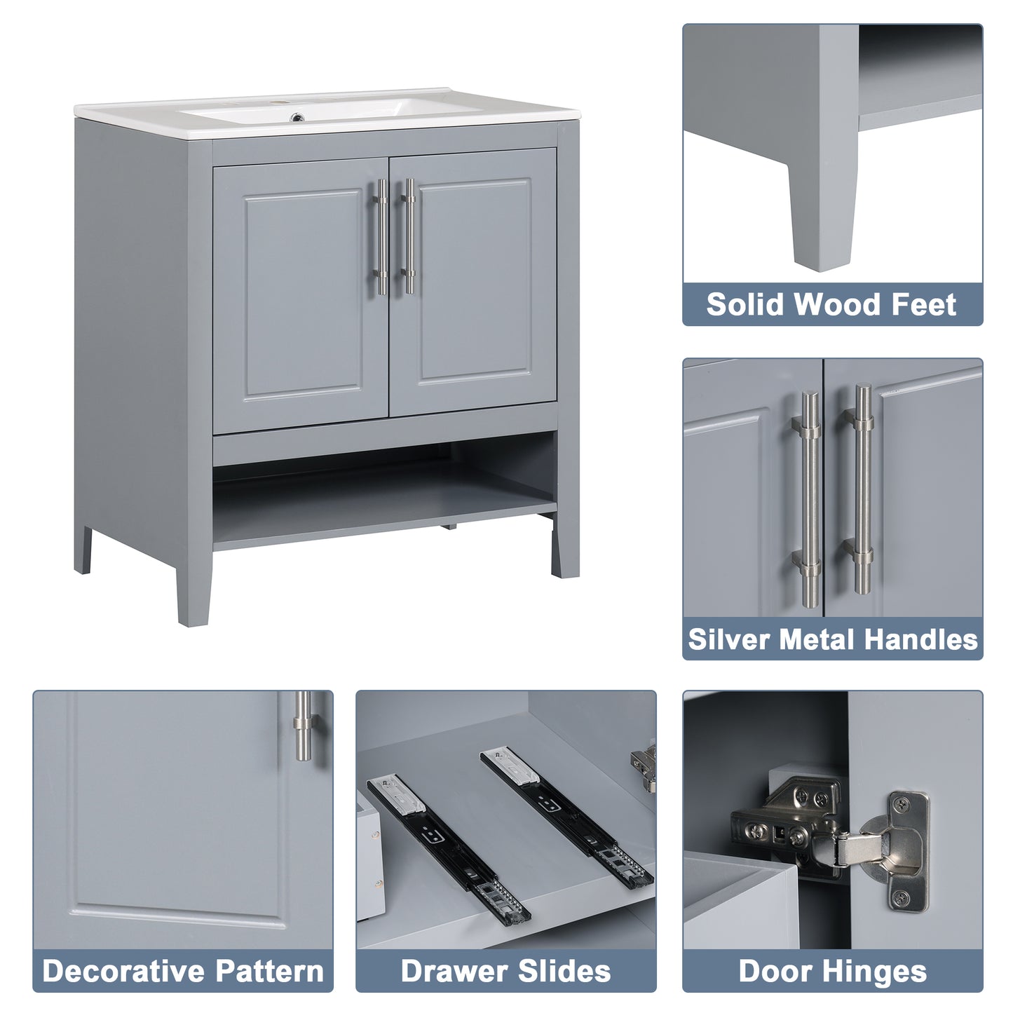 Bathroom Vanity with Sink, Multi-functional Bathroom Cabinet with Doors and Drawers, Solid Frame and MDF Board, Grey