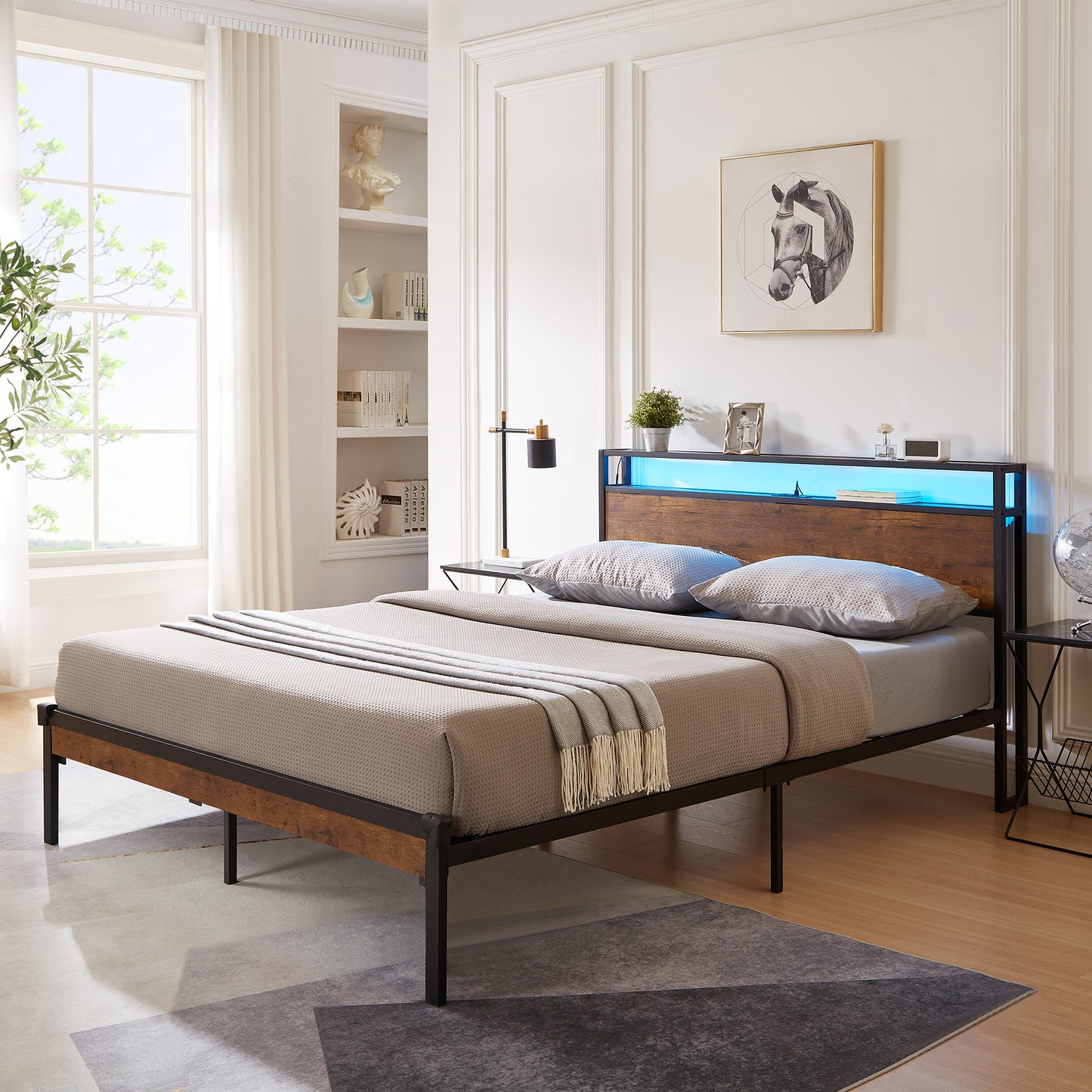 Large metal platform bed frame with wooden headboard and footboard with USB LINER and LED lights