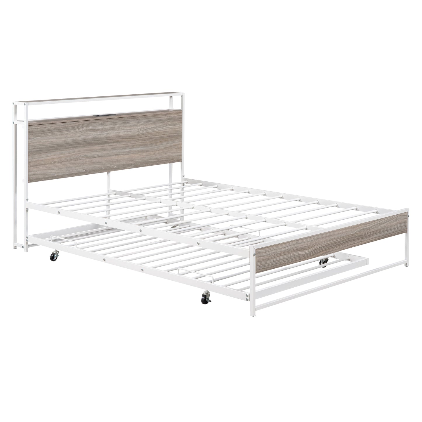 Full Size Metal Platform Bed Frame with Trundle, USB Ports and Slat Support No Box Spring Needed White