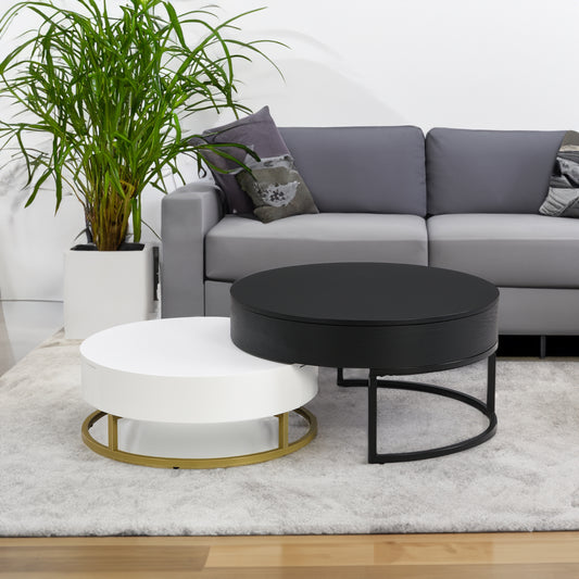 Modern Round Lift-Top Nesting Coffee Tables with 2 Drawers, White and Black Finish