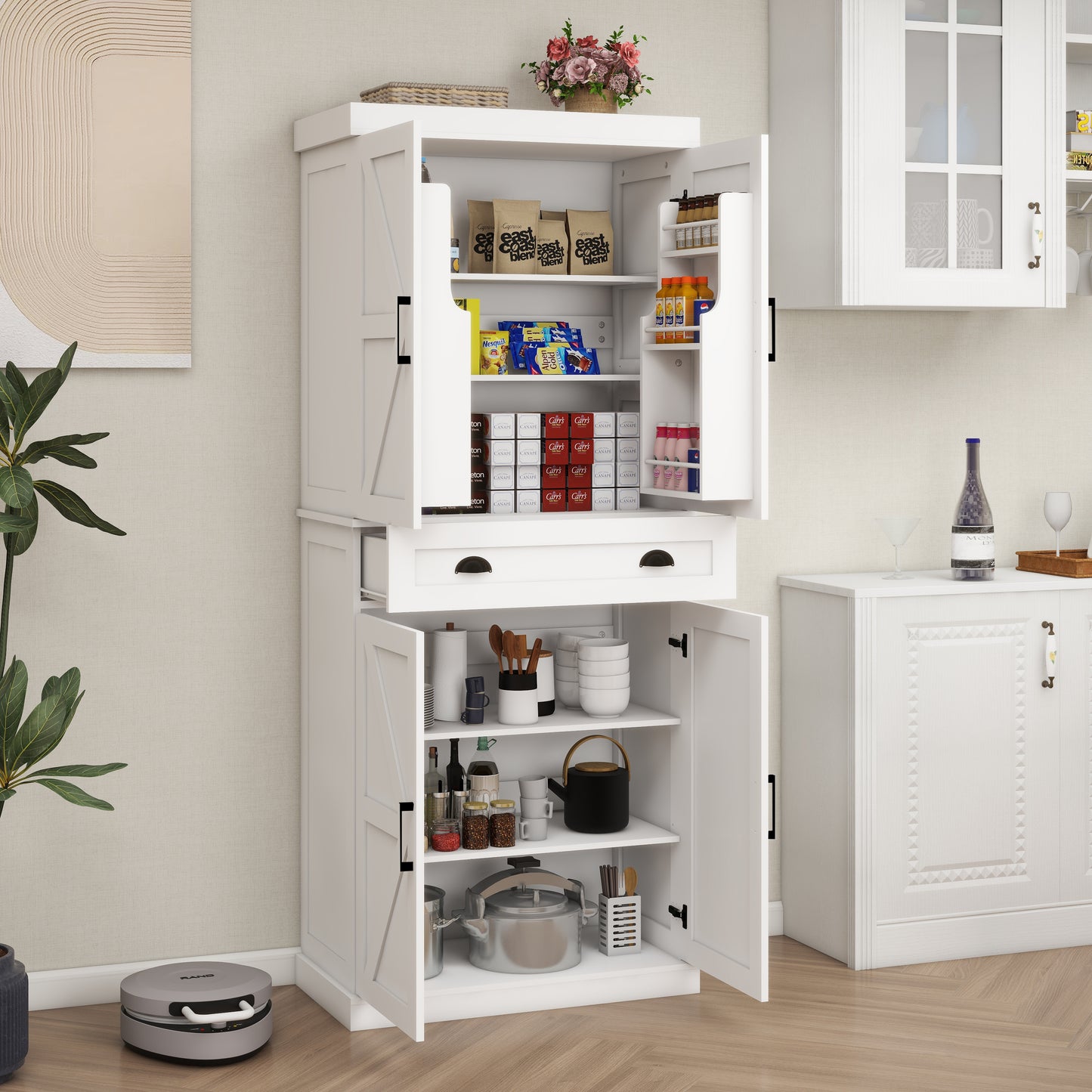 Kitchen Pantry Storage Cabinet with 4 Doors(2Doors with Racks)1 Drawer 2 Adjustable Shelves Freestanding Cupboard