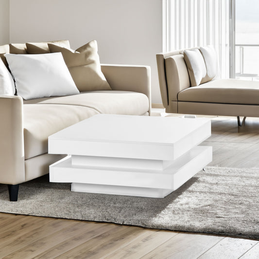 ON-TREND High Gloss Minimalist Square Coffee Table with LED Lights, 2-Tier Design in White Finish