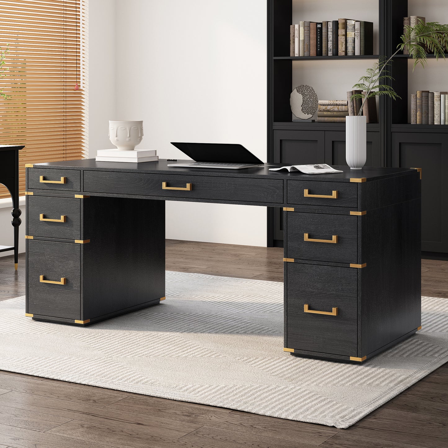 70-Inch Classic Executive Desk with Metal Trim, 2 File Drawers, USB Ports, and Sockets, Black Finish