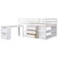 Low Study Full Loft Bed with Cabinet Shelves and Rolling Portable Desk Multiple Functions Bed- White