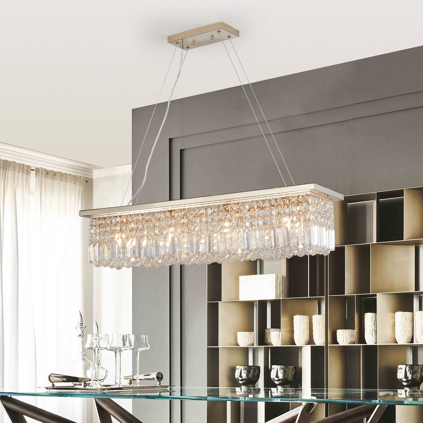 Modern Crystal Chandelier for Dining Room 8-Light Gold Rectangle Raindrop Chandelier L39.4'' x W9.8'' x H8.7'(Bulb Not Included)