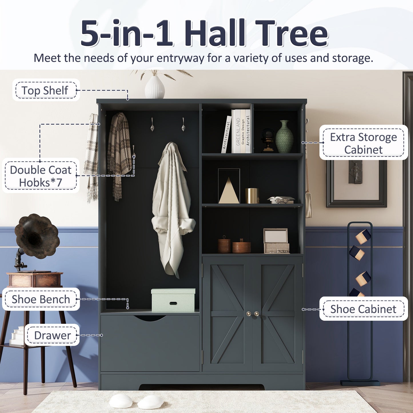 Multi-functional Hall Tree with Storage Shelves Drawers and Cabinet, Elegant Hallway Shoe Cabinet with Bench Antique Blue