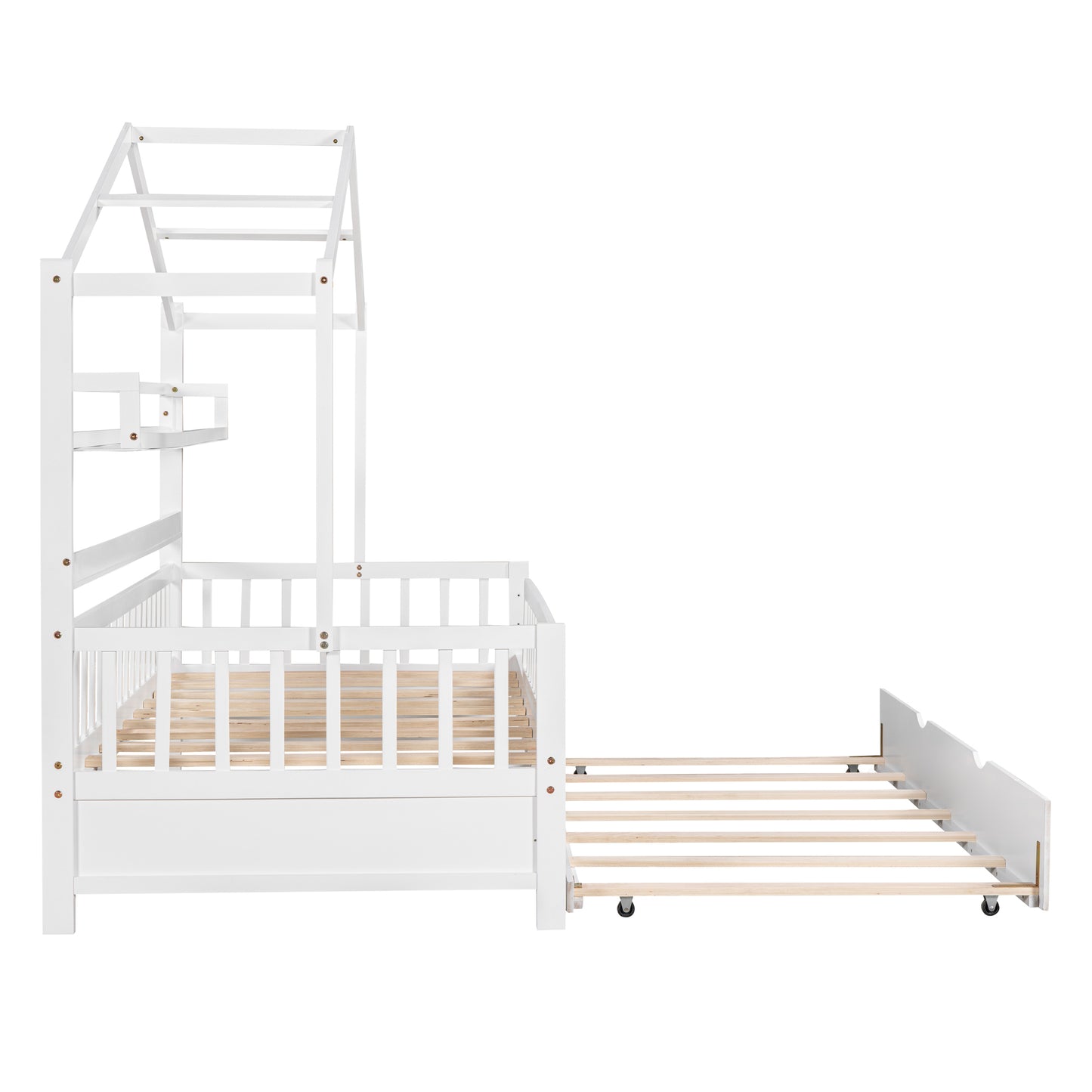 Wooden Twin Size House Bed with Trundle Kids Bed with Shelf White